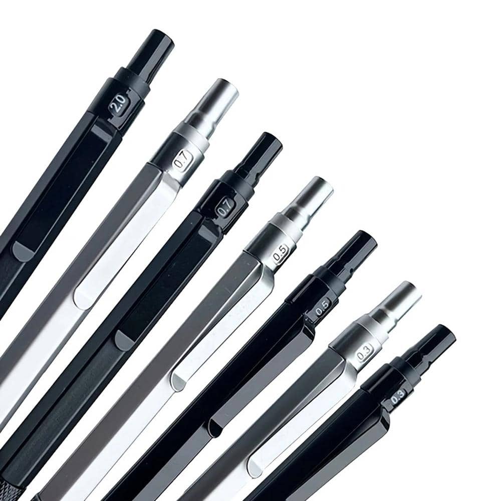 Lápices mecánicos de 0.3/0.5/0.7/2.0mm al estilo europeo y americano para dibujar, con centro de gravedad bajo, punta retráctil, Body de metal, esenciales para la temporada de regreso a clases - Plateado - Ver 1