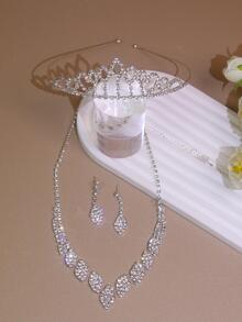 1入組女士鑽石裝飾豪華婚禮頭飾和3入組珠寶套裝，適用於婚禮皇冠 - 銀色 - 查看 2