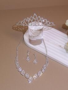 1入組女士鑽石裝飾豪華婚禮頭飾和3入組珠寶套裝，適用於婚禮皇冠 - 銀色 - 查看 3