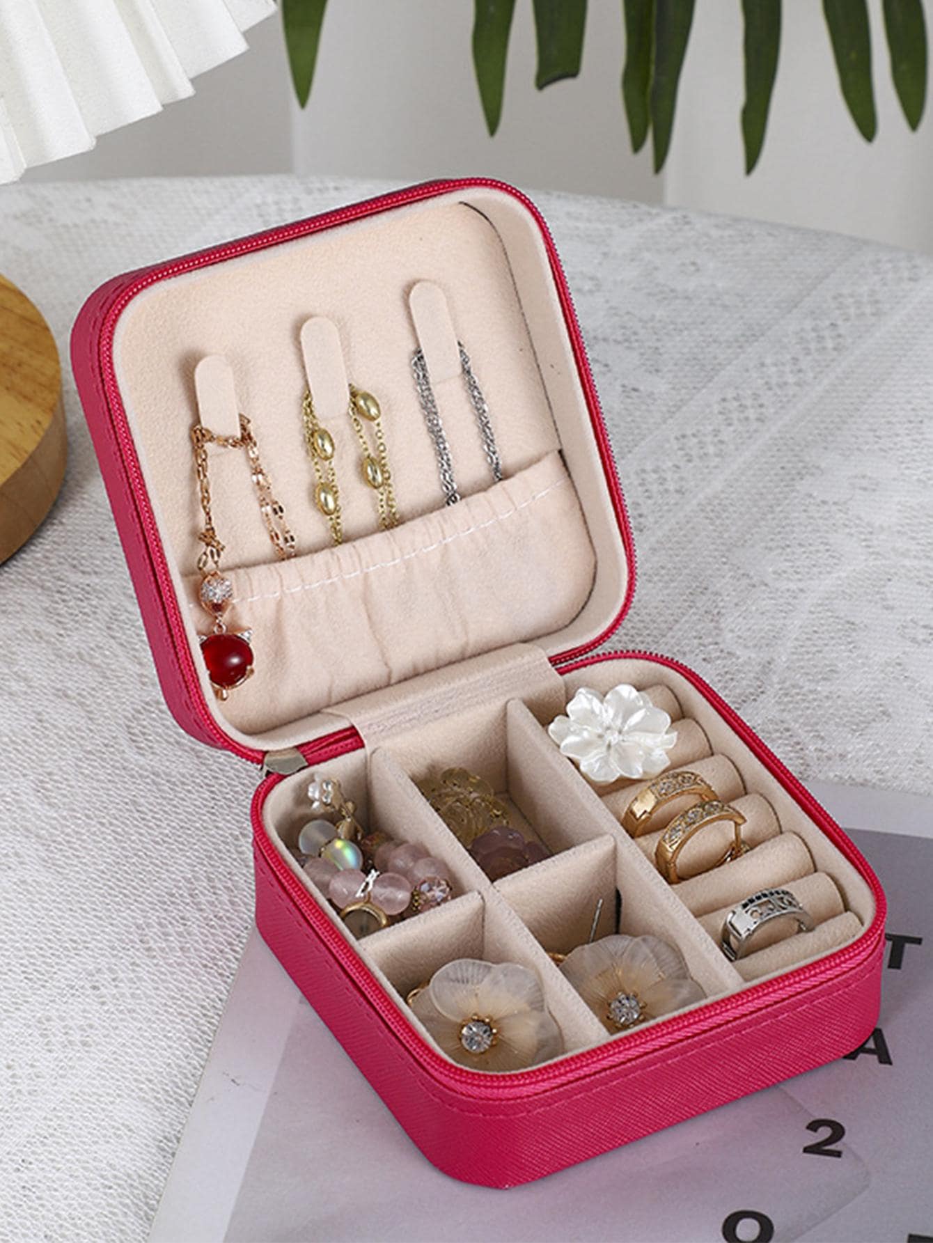 Multi-Grid Jewelry Storage Box Pink Fashion College Dorm Essentials, Stuff Bag Earrings Nail Charms Organizer Necklace - Hot Pink - View 1