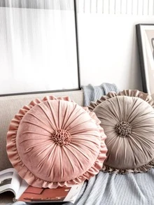 1pc Round Pink Ruffle Trim Decorative Pillow, Cute Polyester Throw Pillow For Home Decor - Pink - View 2