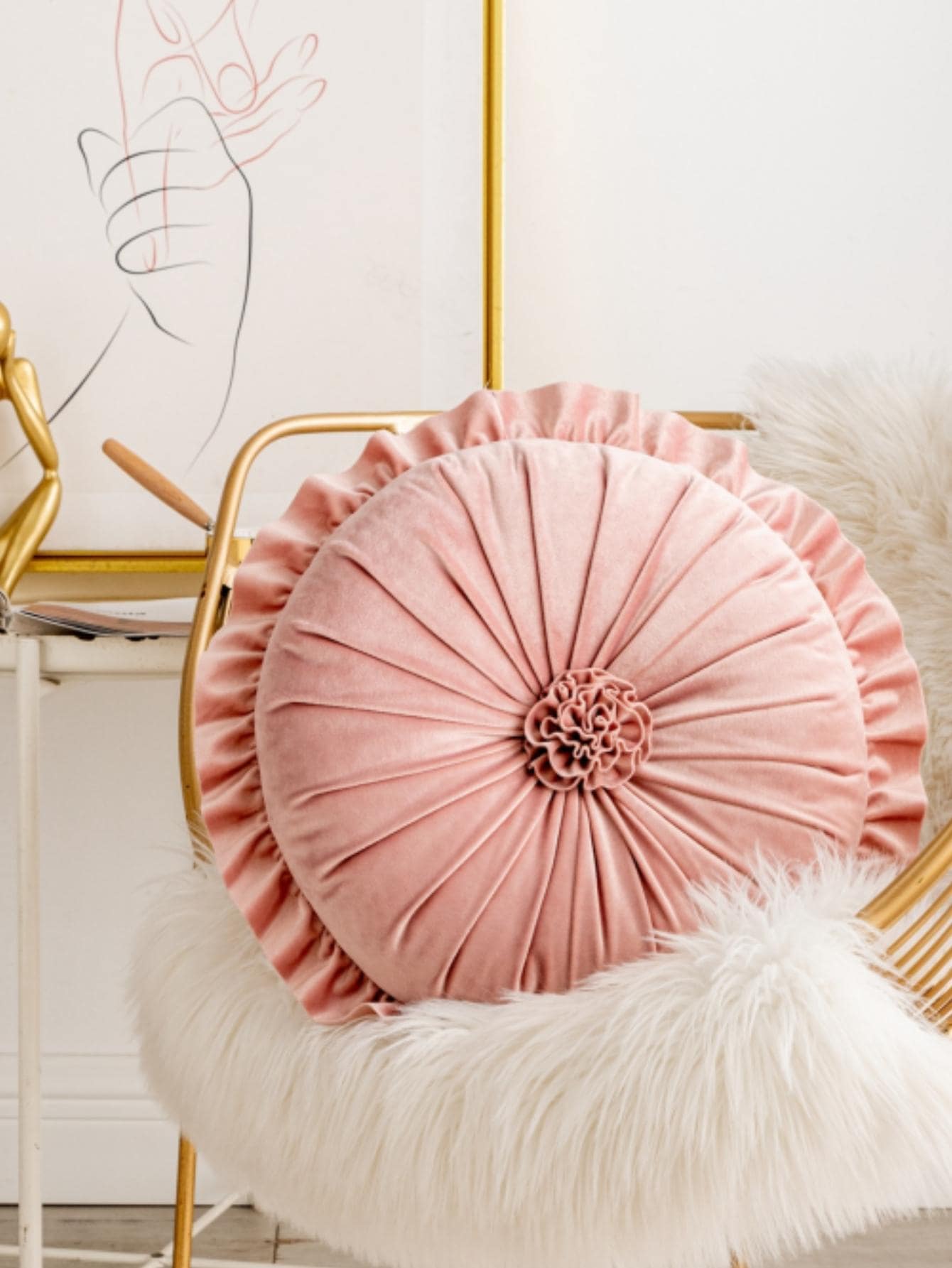 1pc Round Pink Ruffle Trim Decorative Pillow, Cute Polyester Throw Pillow For Home Decor - Pink - View 1