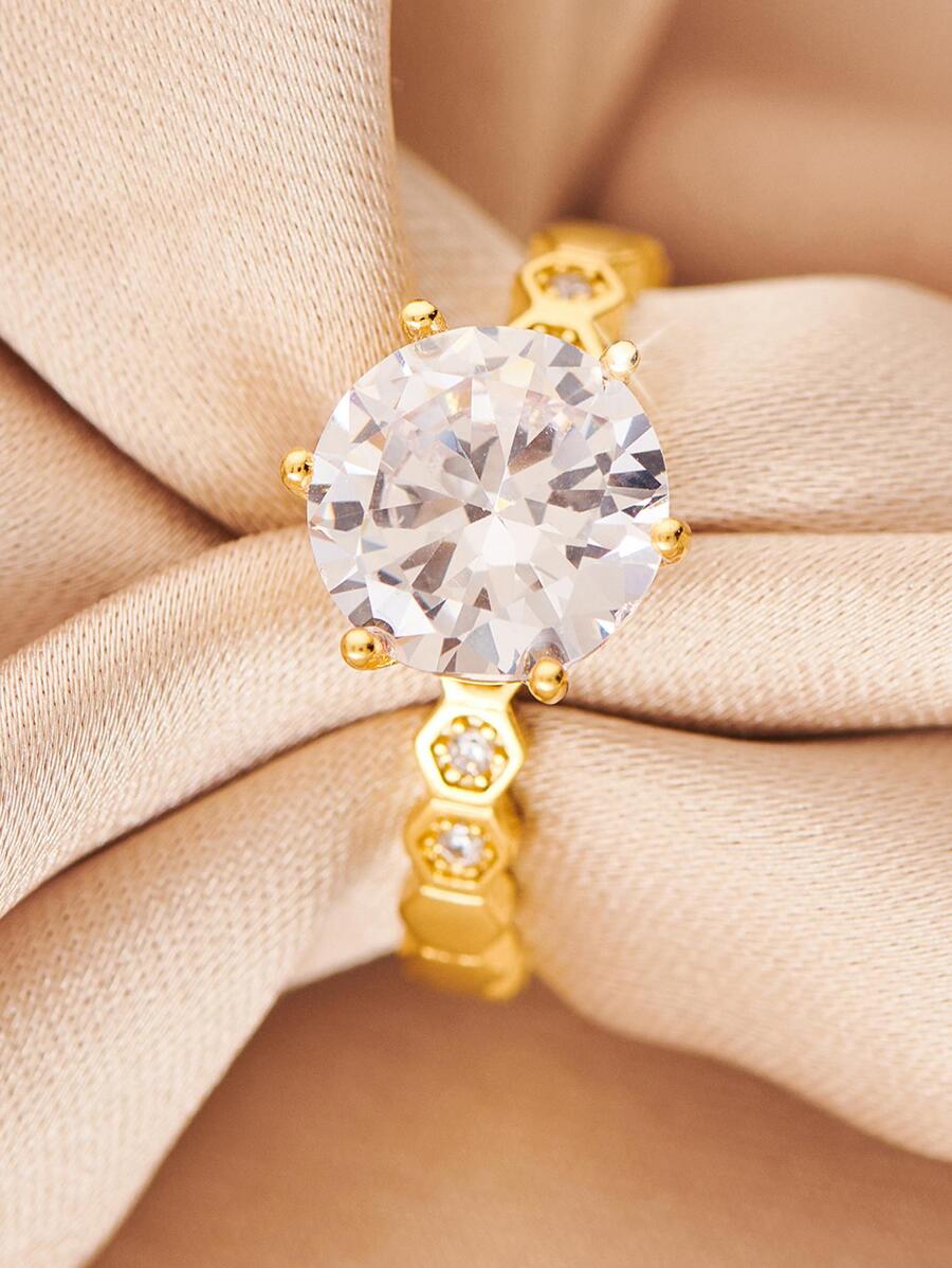 1入組魅力四射方晶鋯石裝飾戒指適合女士適用於禮品 - 金黃色 - 查看 1