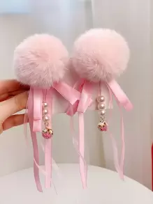 2pcs Women Bow & Pom Pom Decor Fashionable Hair Clip For Hair Decoration - Pink - View 1