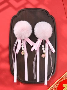 2pcs Women Bow & Pom Pom Decor Fashionable Hair Clip For Hair Decoration - Pink - View 3