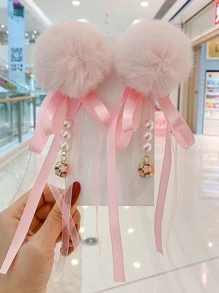 2pcs Women Bow & Pom Pom Decor Fashionable Hair Clip For Hair Decoration - Pink - View 2