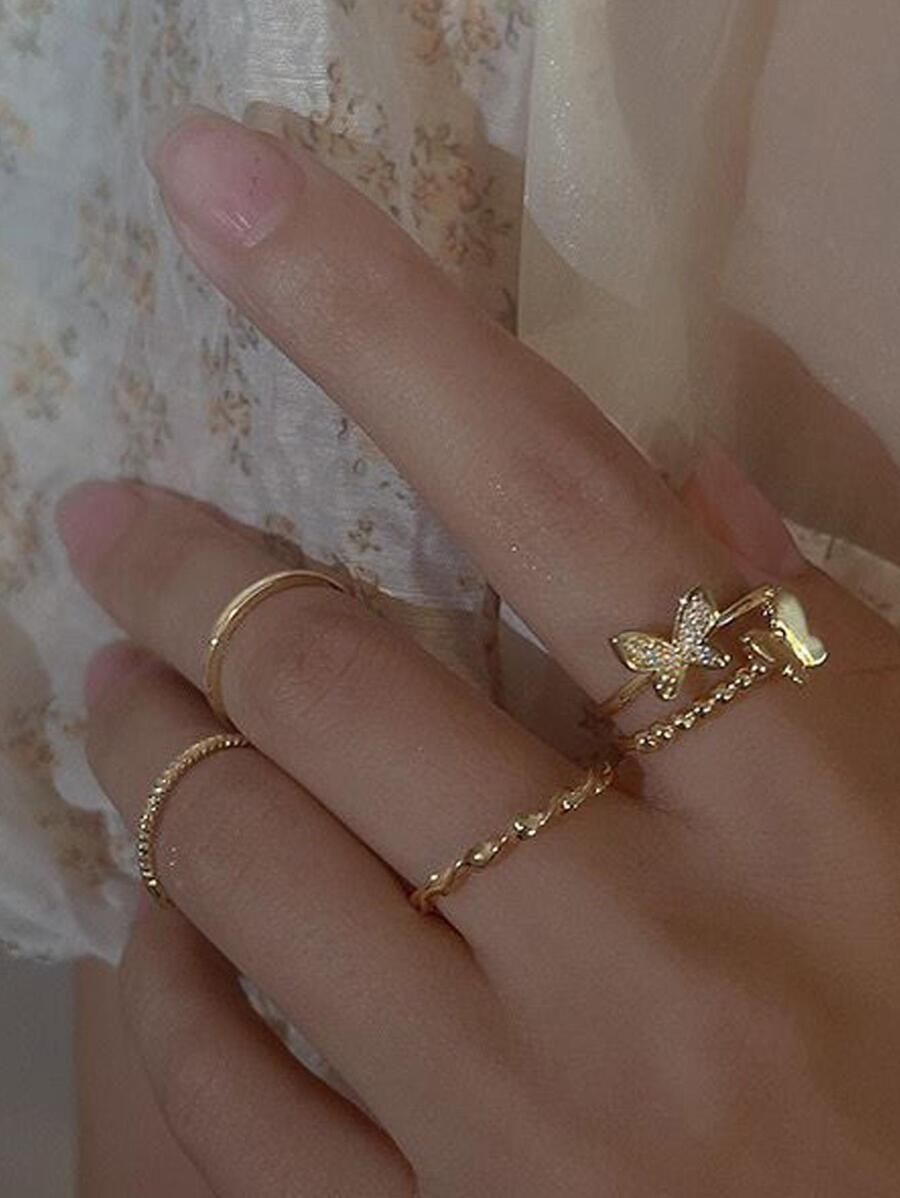 4入组/套時尚不銹鋼蝴蝶裝飾戒指適合女士日常裝飾