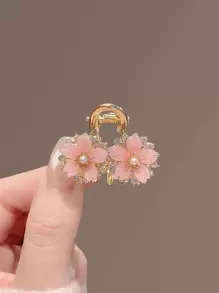 1个可爱粉色樱花水钻仿珍珠金属发夹，适合日常佩戴，爪夹，冬季发饰，花朵发夹，夏季海滩度假发夹 - 粉色 - 查看 3