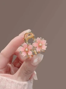 1个可爱粉色樱花水钻仿珍珠金属发夹，适合日常佩戴，爪夹，冬季发饰，花朵发夹，夏季海滩度假发夹 - 粉色 - 查看 4