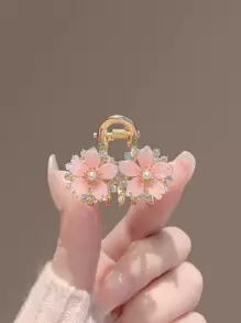 1个可爱粉色樱花水钻仿珍珠金属发夹，适合日常佩戴，爪夹，冬季发饰，花朵发夹，夏季海滩度假发夹 - 粉色 - 查看 2