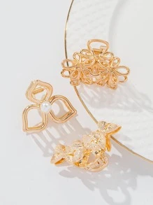 3入組女士珍珠和蝴蝶裝飾時尚髮爪適用於頭髮裝飾用品 - 金色 - 查看 3