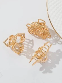 3入組女士珍珠和蝴蝶裝飾時尚髮爪適用於頭髮裝飾用品 - 金色 - 查看 2