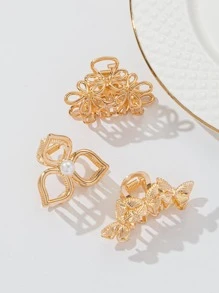 3入組女士珍珠和蝴蝶裝飾時尚髮爪適用於頭髮裝飾用品 - 金色 - 查看 1