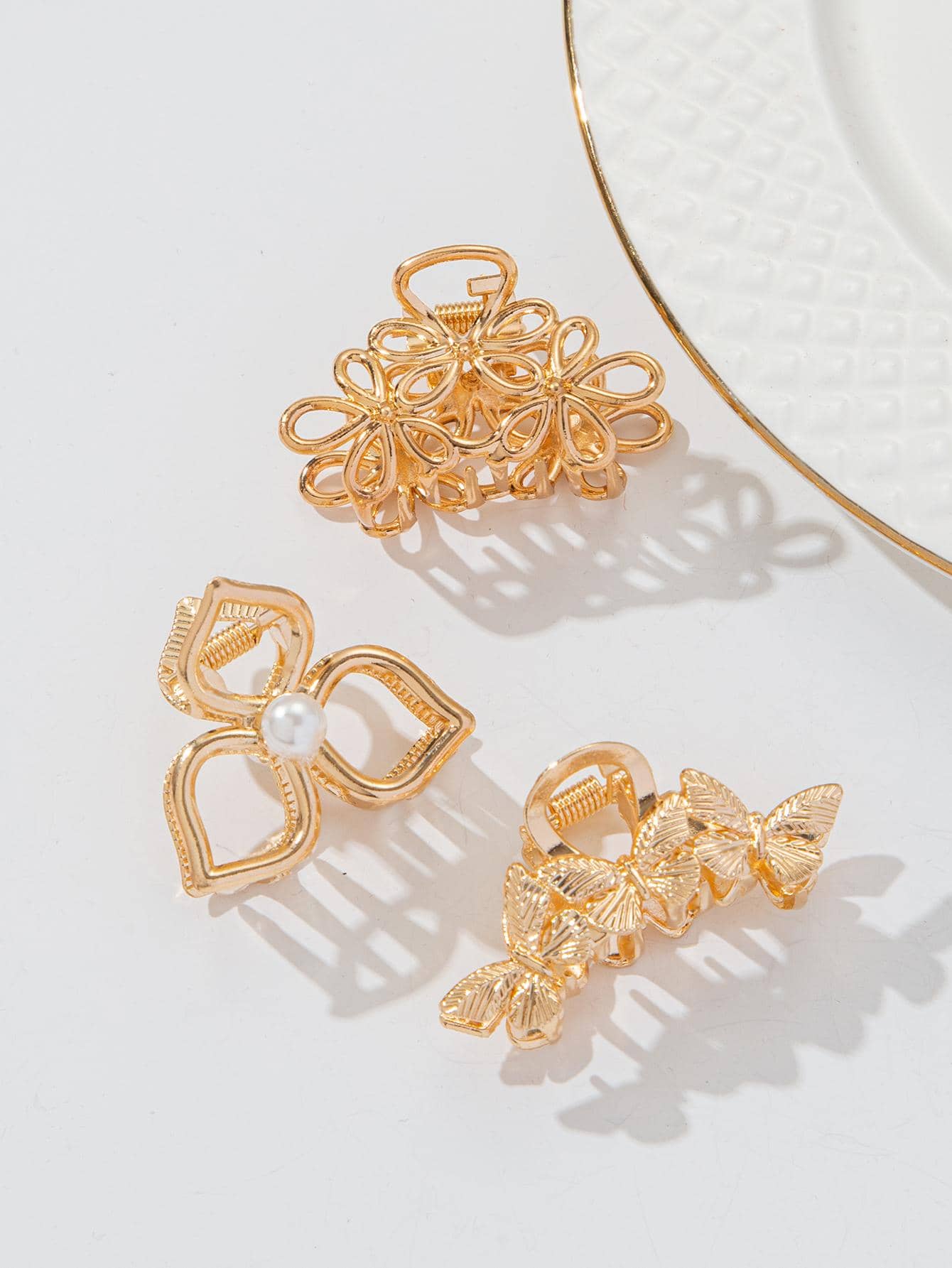 3入組女士珍珠和蝴蝶裝飾時尚髮爪適用於頭髮裝飾用品 - 金色 - 查看 1