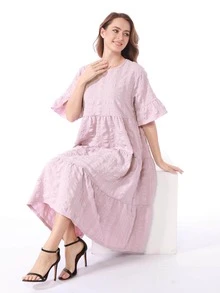 Flounce Sleeve Layered Hem Smock Dress - Baby Pink - View 3
