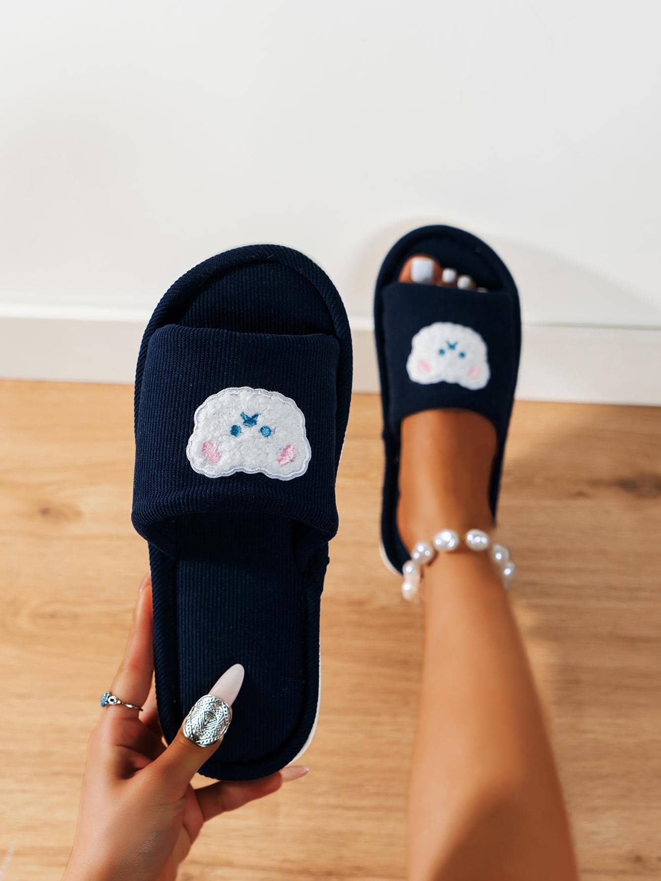 女士卡通熊裝飾家庭學院黑色滌綸臥室拖鞋