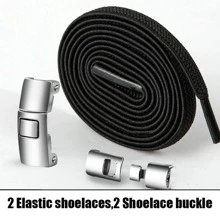 2 PCS Minimalist No-tie Shoelaces With Buckle, Black Elastic Unisex Accessories For Shoes - Black - View 2
