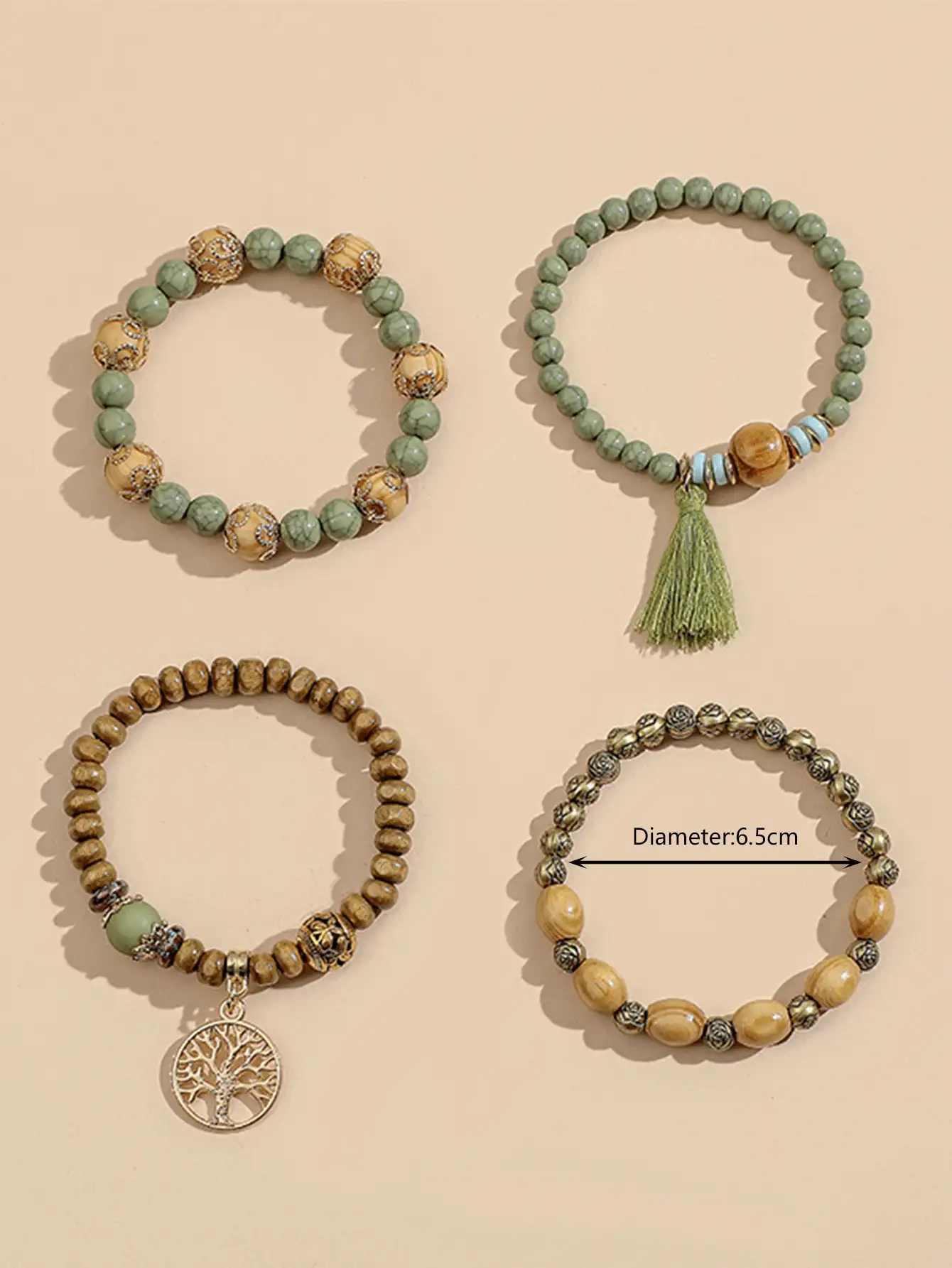 1 Bộ Thời Trang Bằng Gỗ Tua Rua & Sóc Cây Vòng Tay Cho Nữ Trang Trí Hàng Ngày - màu xanh lá - Xem 3