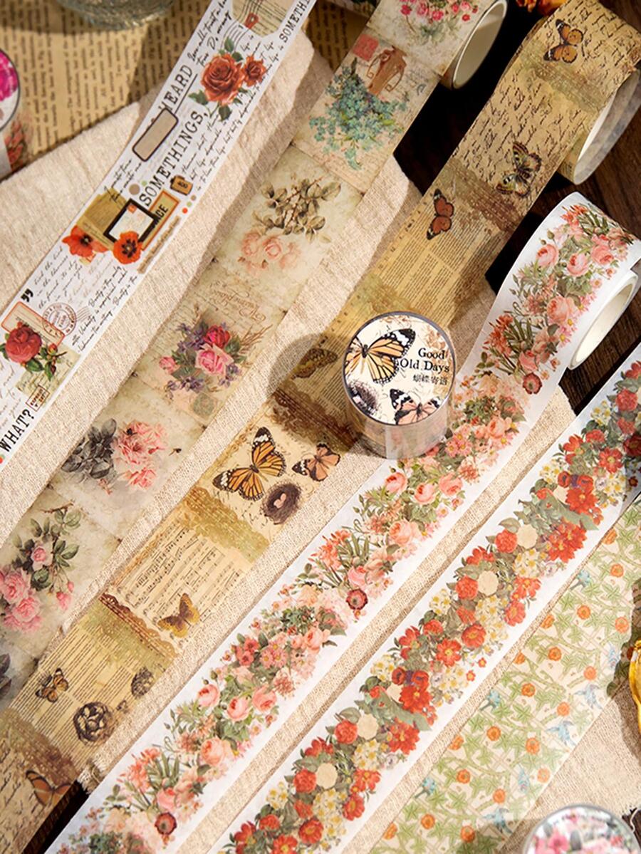 1卷花卉和蝴蝶圖案和紙膠帶學生用現代便攜式和紙膠帶 - 彩色 - 查看 1