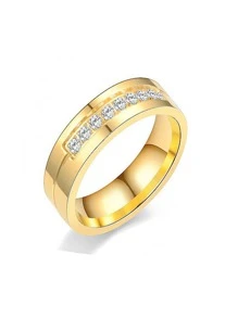 2 件情侣戒指套装 - 18K 镀金方晶锆石订婚/结婚戒指，钛钢时尚戒指，情人节、生日、友谊的优雅奢华礼物 - 金色 - 查看 9