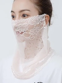 花卉刺繡蕾絲邊防曬鉤圍巾 - 米色 - 查看 1