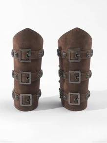 1 对男士个性化 PU 维京风格臂套，复古角色扮演朋克骑行臂套 - 咖啡 - 查看 1