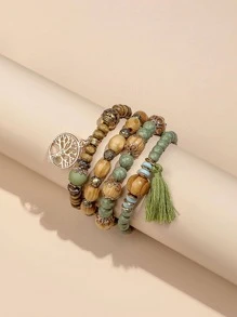 1 Bộ Thời Trang Bằng Gỗ Tua Rua & Sóc Cây Vòng Tay Cho Nữ Trang Trí Hàng Ngày - màu xanh lá - Xem 1