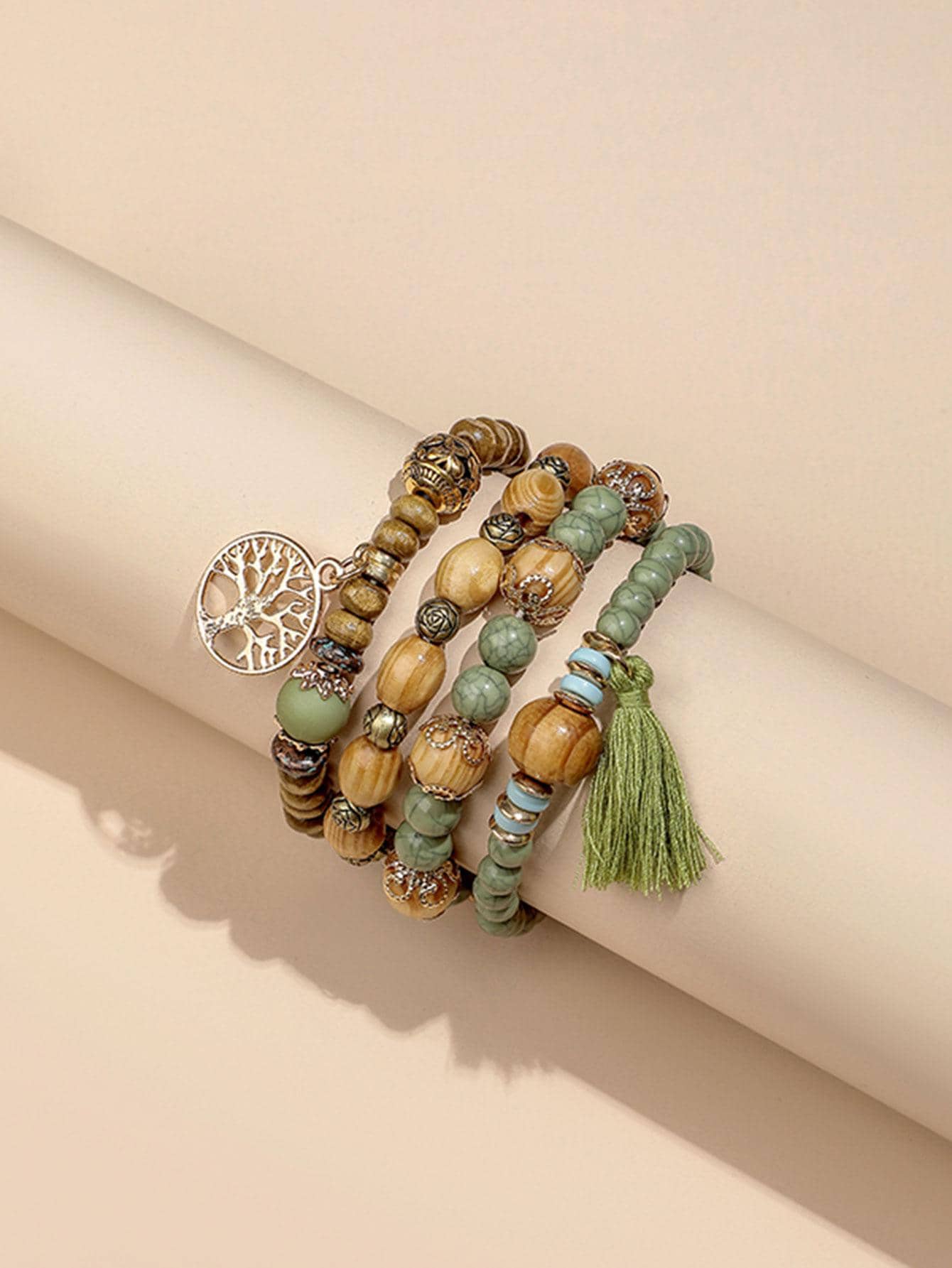 1 Bộ Thời Trang Bằng Gỗ Tua Rua & Sóc Cây Vòng Tay Cho Nữ Trang Trí Hàng Ngày - màu xanh lá - Xem 1