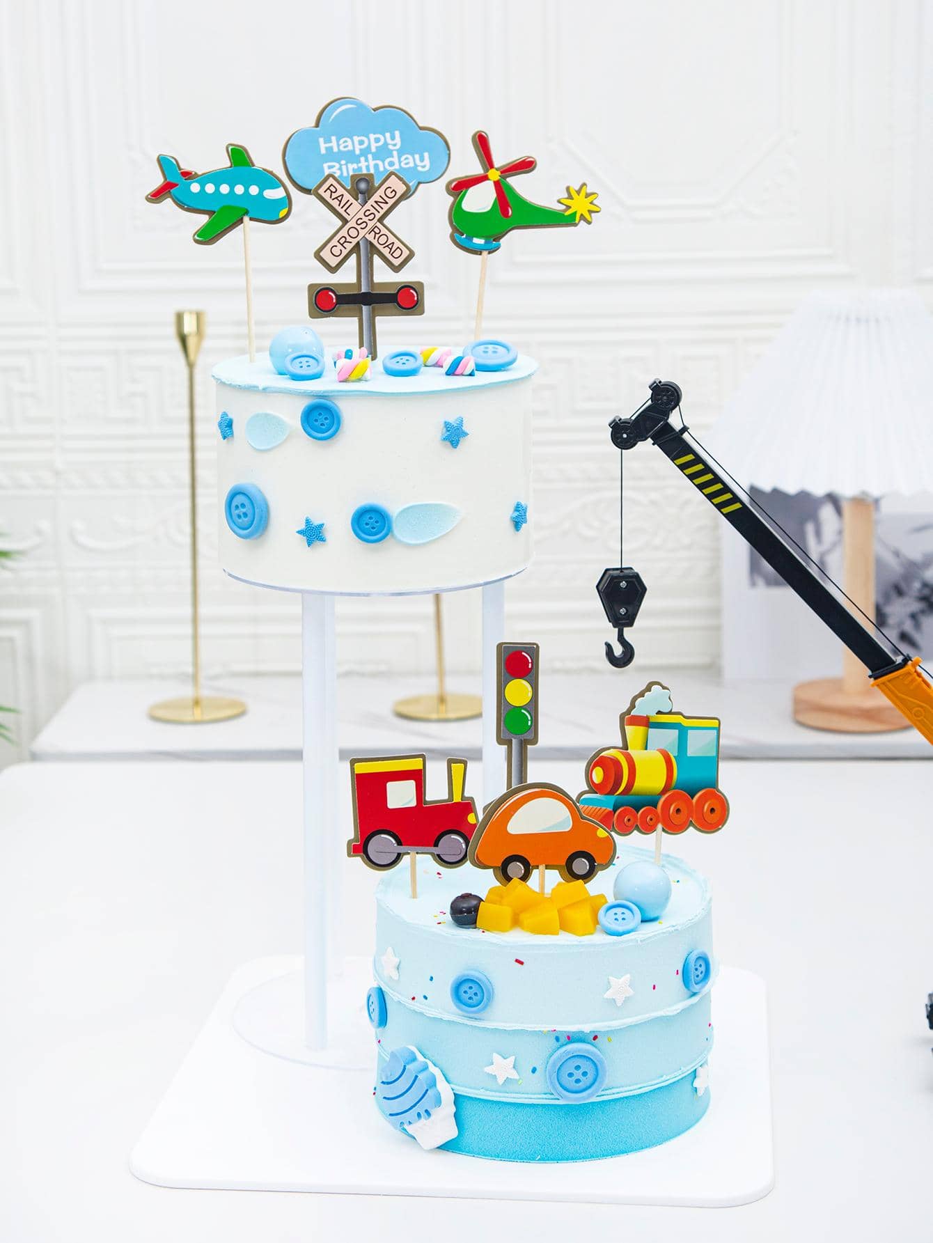 8pcs/set Paper Cake Top Decoration, Cartoon Airplane & Car Design Cake Topper For Party - Multicolor - View 1