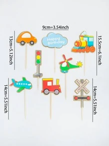 8pcs/set Paper Cake Top Decoration, Cartoon Airplane & Car Design Cake Topper For Party - Multicolor - View 2