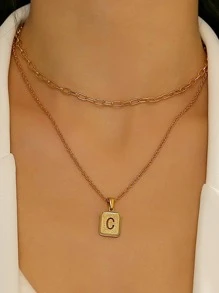 2入組/套時尚字母細節長方形吊飾項鍊女式禮物，時尚造型，適合派對 - 金黃色 - 查看 2