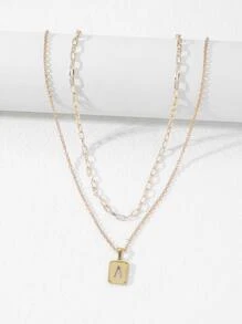 2入組/套時尚字母細節長方形吊飾項鍊女式禮物，時尚造型，適合派對 - 金黃色 - 查看 3