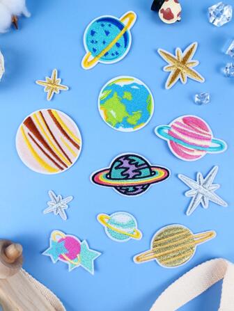 12pcs/set Color Block Iron-on Patch, Creative Polyester Planet & Eight-pointed Star Design DIY Clothing Accessory For DIY