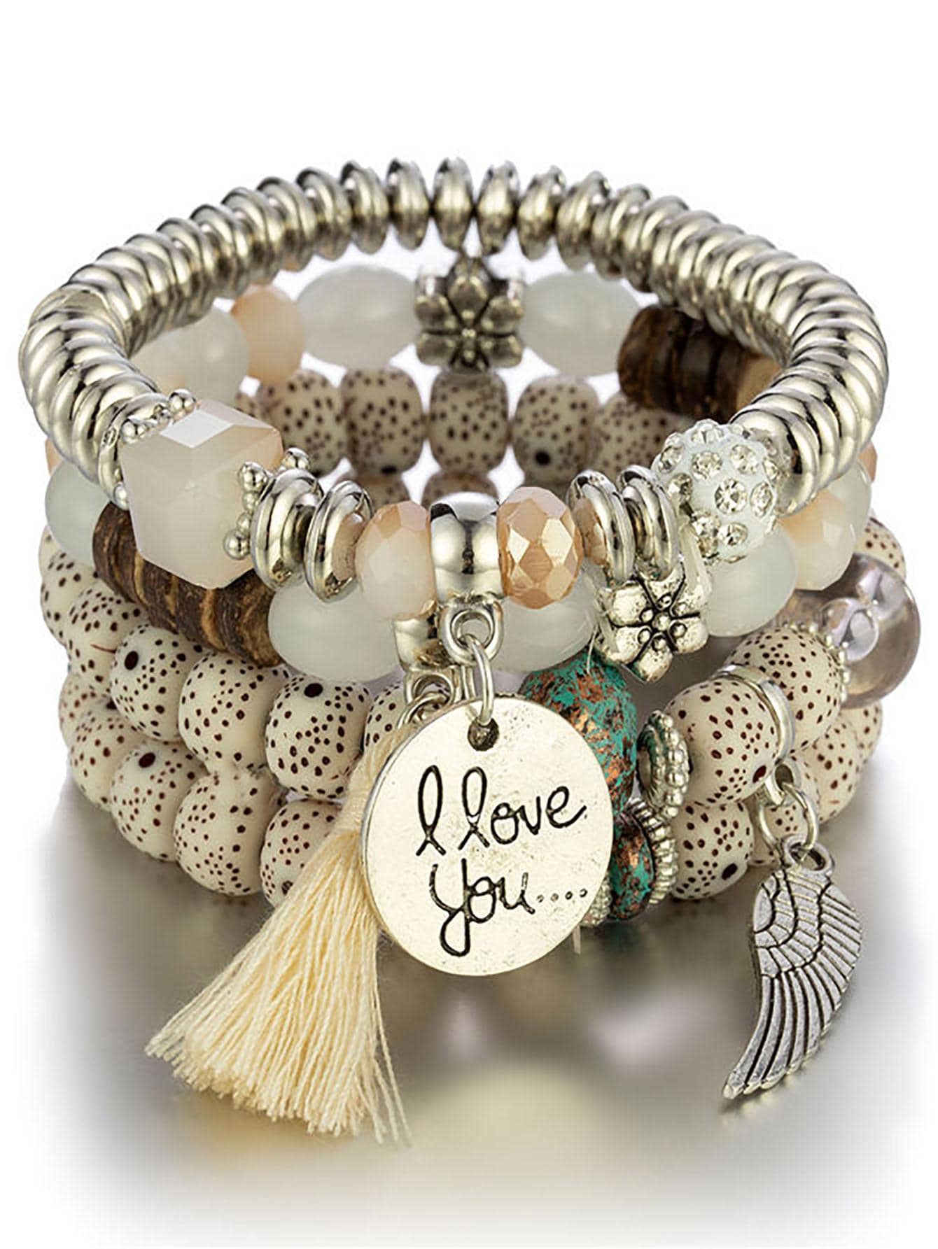 4 Cái/bộ Bohemian Tôi Yêu Bạn Cánh Charm & Tua Rua Màu Be Vòng Tay Nữ Cho Kỳ Nghỉ Hè Du Lịch Tiệc Bãi Biển - Màu be - Xem 1