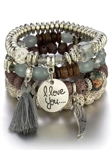 4pcs/set Bohemian Wing Charm & Tassel Grey Beaded Bracelet For Women For Summer Vacation Travel Beach Party - Grey - View 1