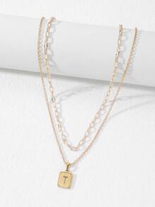 2入組/套時尚字母細節長方形吊飾項鍊女式禮物，時尚造型，適合派對 - 金黃色 - 查看 8