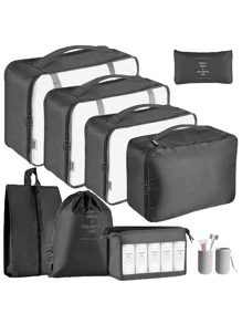 9 chiếc Túi đựng đồ du lịch Đồ họa chữ cái Túi đựng quần áo không thấm nước, Bộ sắp xếp đồ du lịch, Bộ đóng gói hình khối với đồ vệ sinh giày và Túi giặt Đồ dùng học tập Đồ dùng học tập Ký túc xá đại học cần thiết cho trang trí phòng sinh viên Trang trí phòng ngủ - màu đen - Xem 1