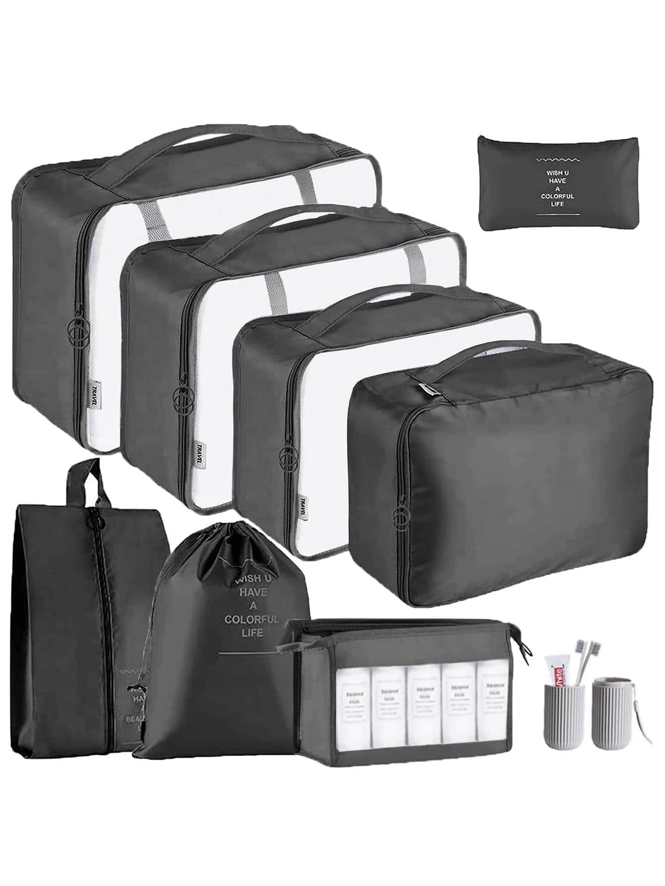 9 chiếc Túi đựng đồ du lịch Đồ họa chữ cái Túi đựng quần áo không thấm nước, Bộ sắp xếp đồ du lịch, Bộ đóng gói hình khối với đồ vệ sinh giày và Túi giặt Đồ dùng học tập Đồ dùng học tập Ký túc xá đại học cần thiết cho trang trí phòng sinh viên Trang trí phòng ngủ - màu đen - Xem 1