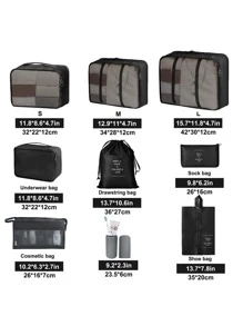 9 chiếc Túi đựng đồ du lịch Đồ họa chữ cái Túi đựng quần áo không thấm nước, Bộ sắp xếp đồ du lịch, Bộ đóng gói hình khối với đồ vệ sinh giày và Túi giặt Đồ dùng học tập Đồ dùng học tập Ký túc xá đại học cần thiết cho trang trí phòng sinh viên Trang trí phòng ngủ - màu đen - Xem 2