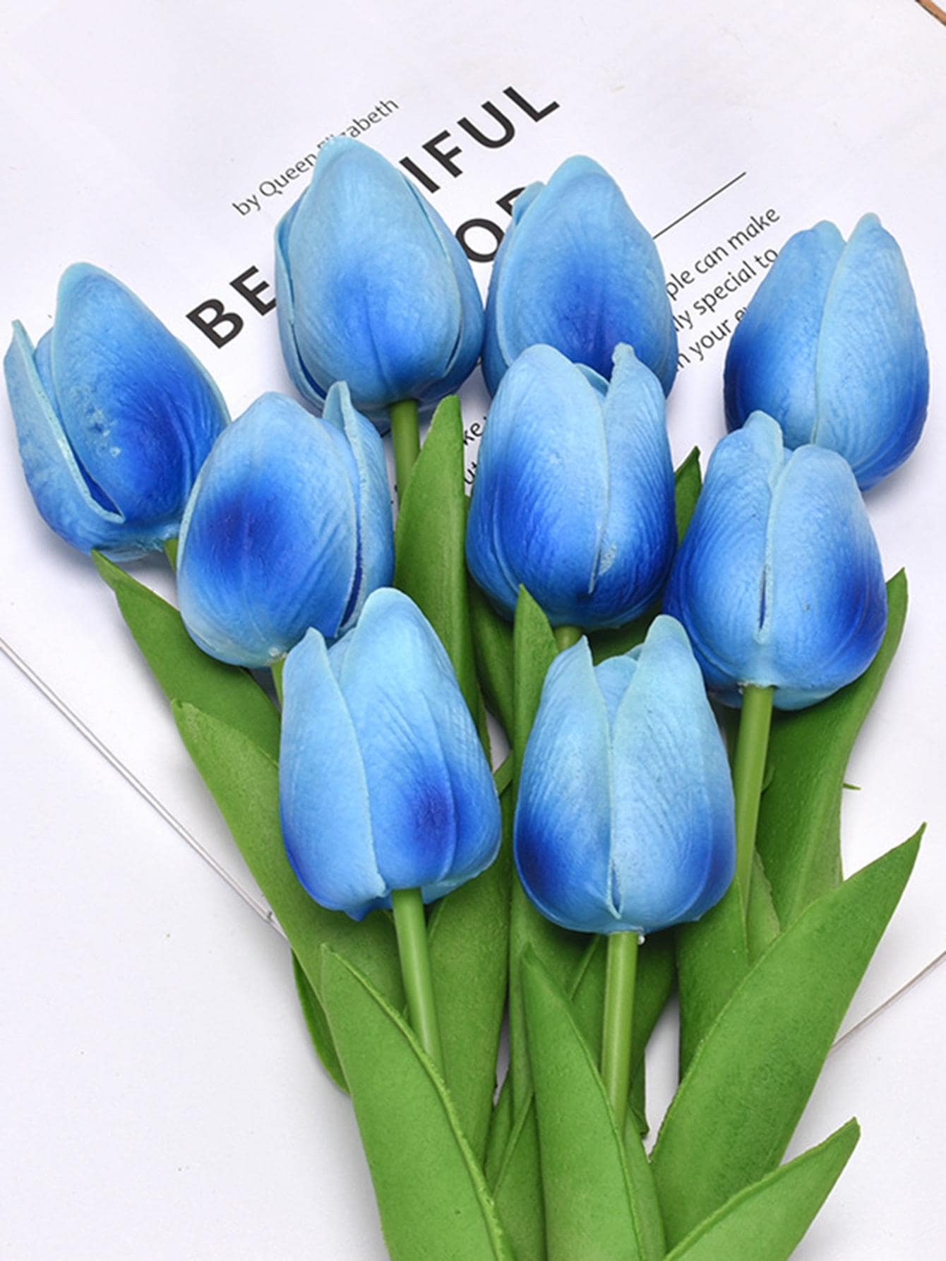 3入組迷你漸層藍色鬱金香人造花，適用於家居/婚禮裝飾和禮品 - 藍色 - 查看 1