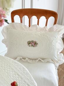 1pc Floral Embroidered Ruffle Trim Cushion Cover Without Filler, Modern Embroidered Design Decorative Cushion Cover For Bed, Sofa - Multicolor - View 1