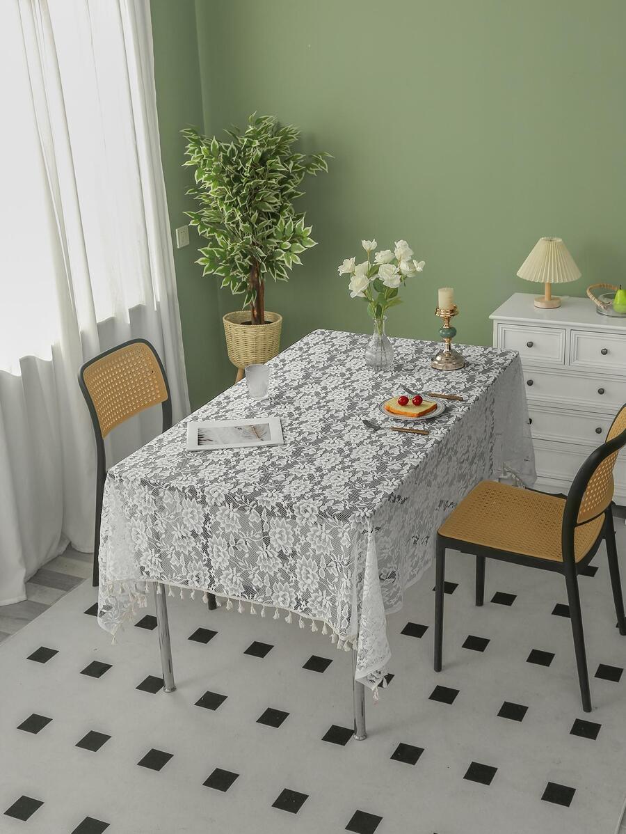 1pc Floral Embroidered Tablecloth, Retro Polyester Tassel Decor Decorative Table Cover For Home - White - View 1