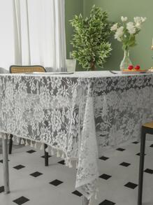 1pc Floral Embroidered Tablecloth, Retro Polyester Tassel Decor Decorative Table Cover For Home - White - View 4