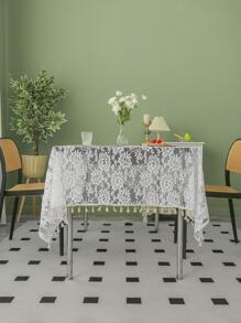 1pc Floral Embroidered Tablecloth, Retro Polyester Tassel Decor Decorative Table Cover For Home - White - View 3