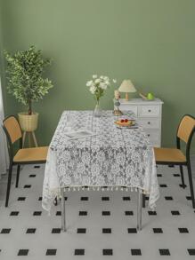 1pc Floral Embroidered Tablecloth, Retro Polyester Tassel Decor Decorative Table Cover For Home - White - View 2