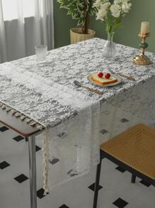 1pc Floral Embroidered Tablecloth, Retro Polyester Tassel Decor Decorative Table Cover For Home - White - View 8