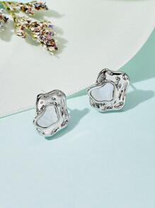 1 对时尚不对称几何设计耳钉，适合女士日常通勤 - 白色 - 查看 3