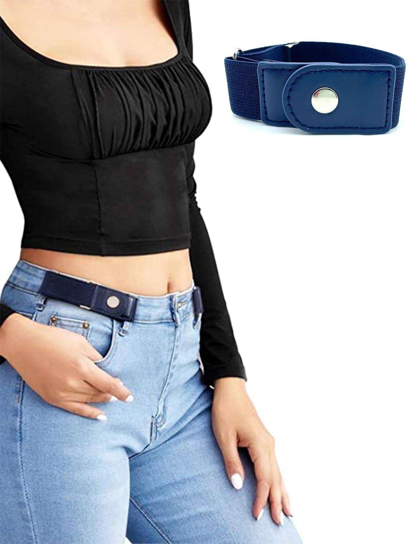 1入組女士按扣休閒鬆緊腰帶適用於日常生活 - 藏蓝色 - 查看 1