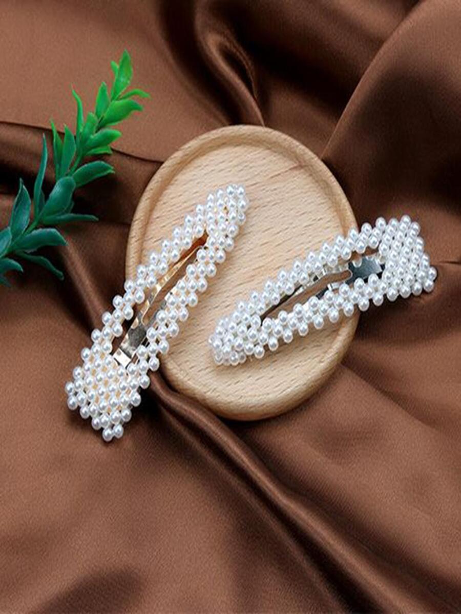 2个装女士仿珍珠装饰优雅发夹，可作发饰、学生发夹、爪夹、发卡，学习用品，珍珠发饰，头部饰品，发卡 - 彩色 - 查看 1