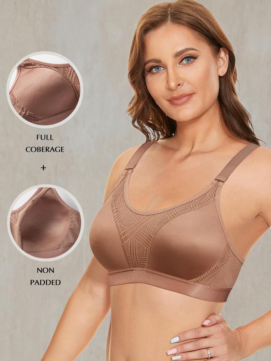 Wingslove Plus Size Contrast Mesh Full Coverage Wireless Sports Bra - Khaki - View 1